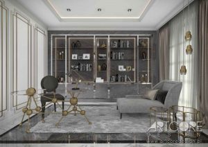 projekt wnętrza art deco luksusowego gabinetu z biblioteczka