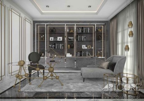 projekt wnętrza art deco luksusowego gabinetu z biblioteczka