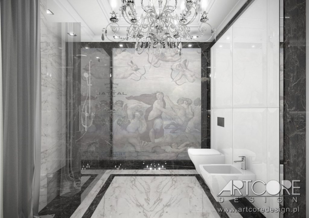 włoski styl wnętrz łazienka z grafiką