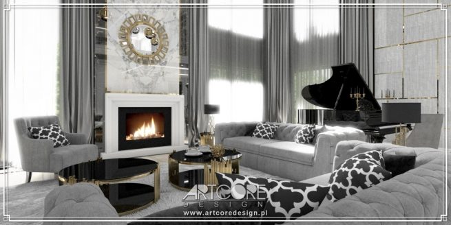 kominek portalowy w salonie glamour