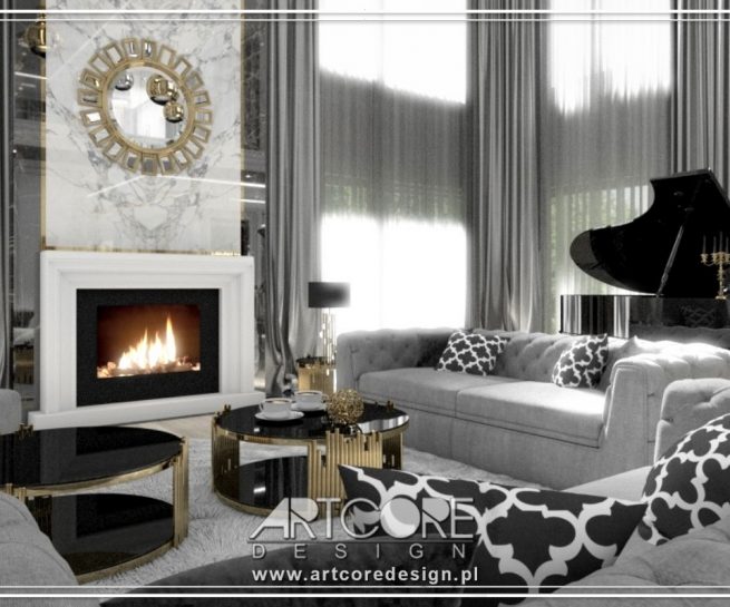 kominek portalowy w salonie glamour
