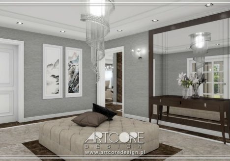 hol z dekoracyjnym lustrem na ścianie wnętrze projekt