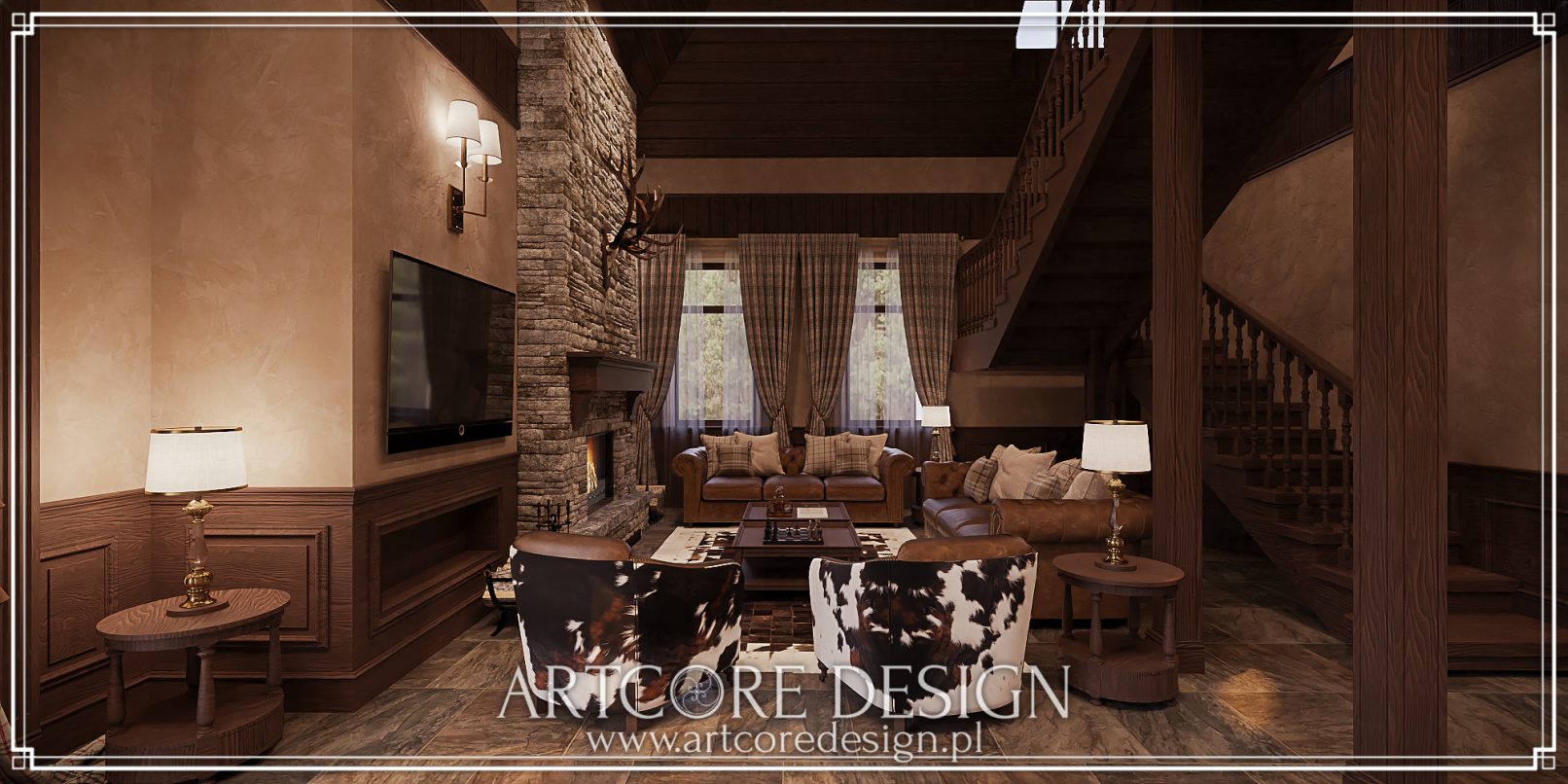 Salon w stylu myśliwskim z kamiennym kominkiem, drewnianymi schodami i eleganckimi fotelami w skórzanej tapicerce