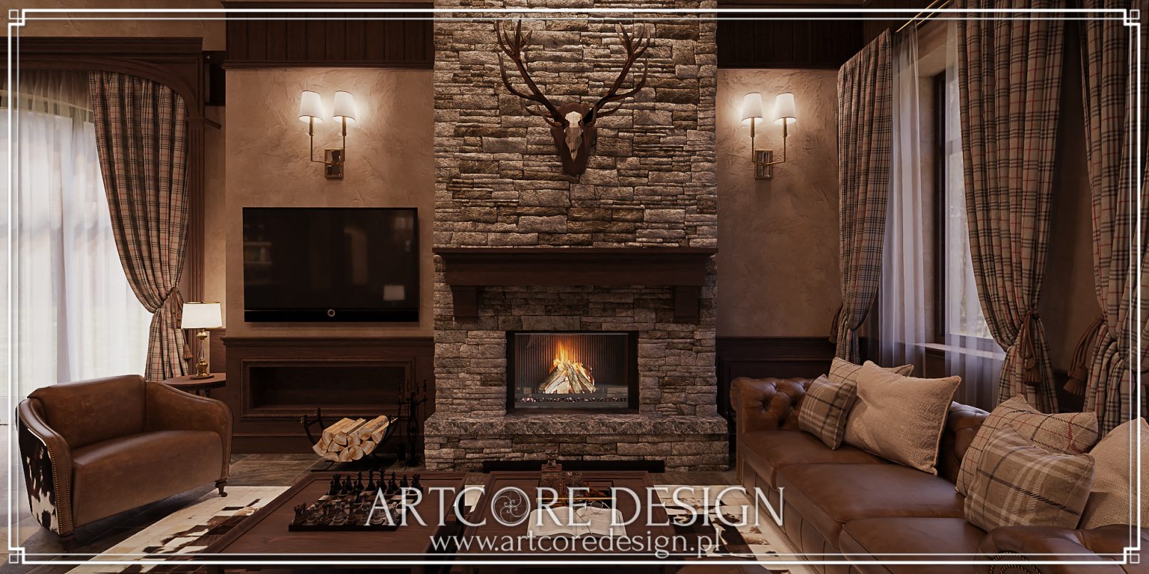 Salon w stylu myśliwskim z kamiennym kominkiem, skórzaną kanapą i klasycznymi zasłonami