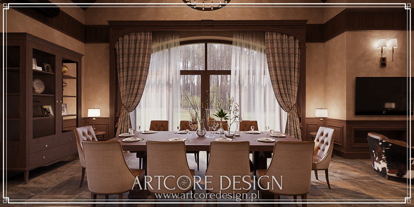 Jadalnia w stylu myśliwskim z dużym drewnianym stołem, eleganckimi krzesłami i widokiem na las przez okno