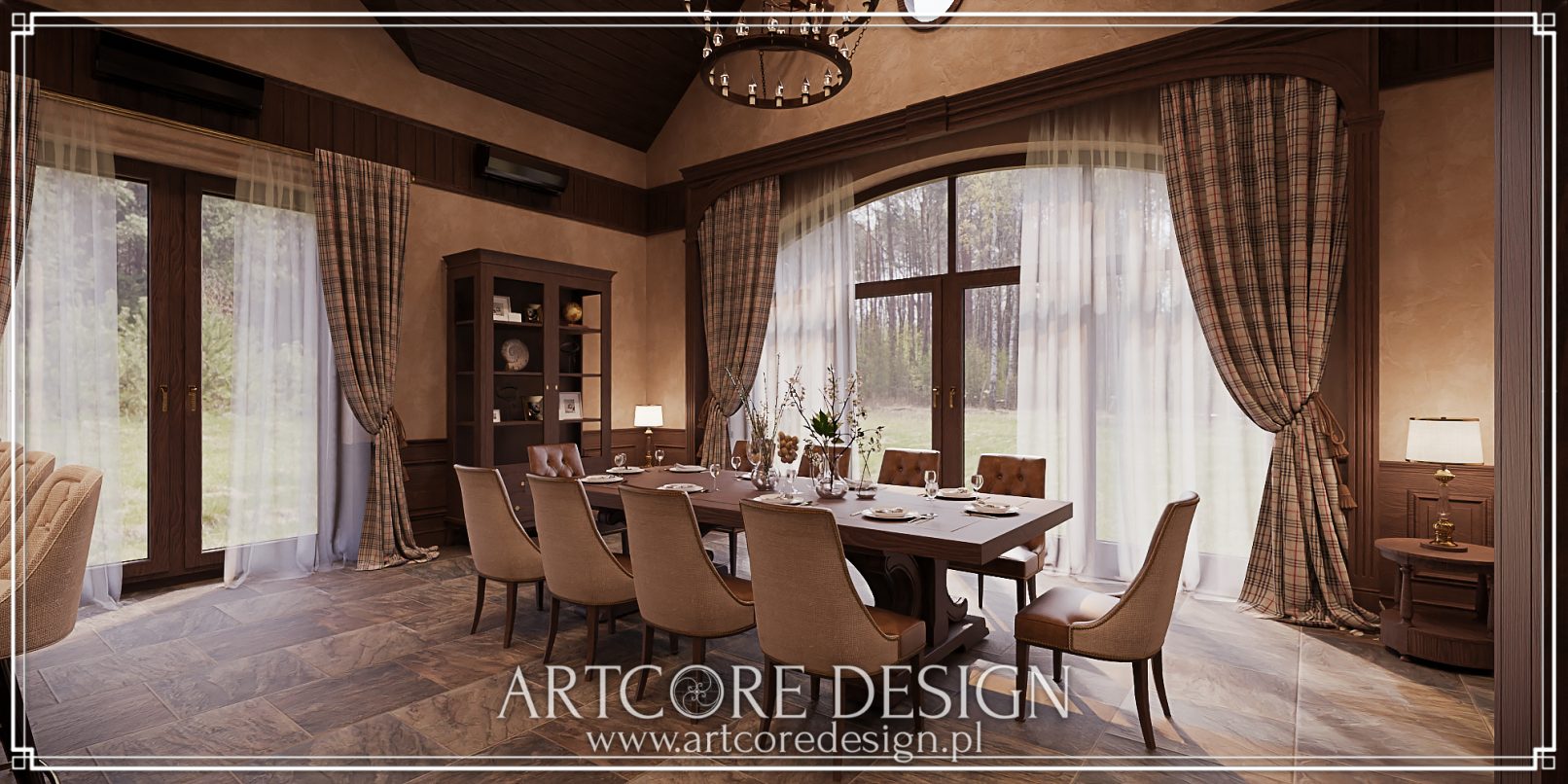 Stylowa jadalnia myśliwska z dużym drewnianym stołem, eleganckimi krzesłami i widokiem na ogród.