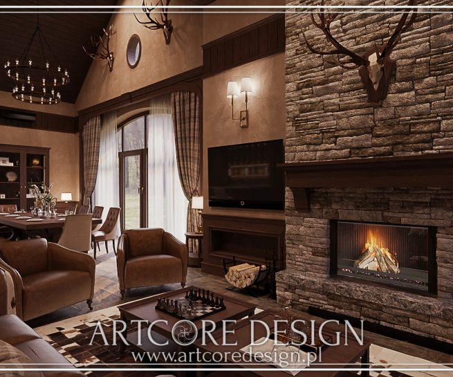 Przestronny salon w stylu myśliwskim z kamiennym kominkiem i drewnianymi detalami