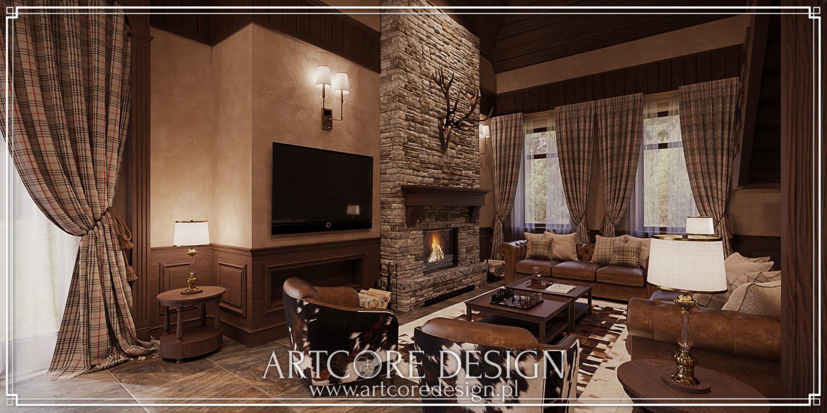 Elegancki salon myśliwski z kamiennym kominkiem, wygodnymi fotelami w stylu rustykalnym i ciepłym oświetleniem