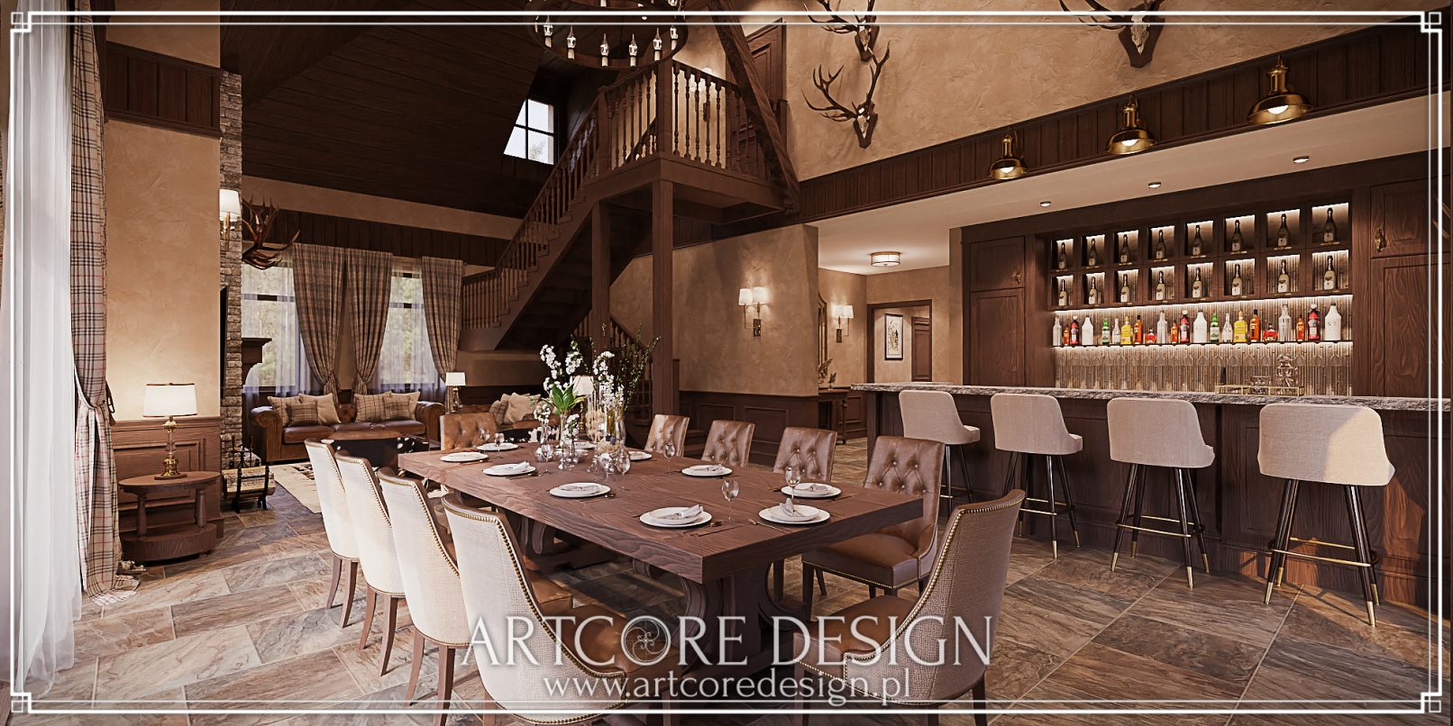 Elegancka jadalnia myśliwska z dużym drewnianym stołem, barem i klasycznym oświetleniem