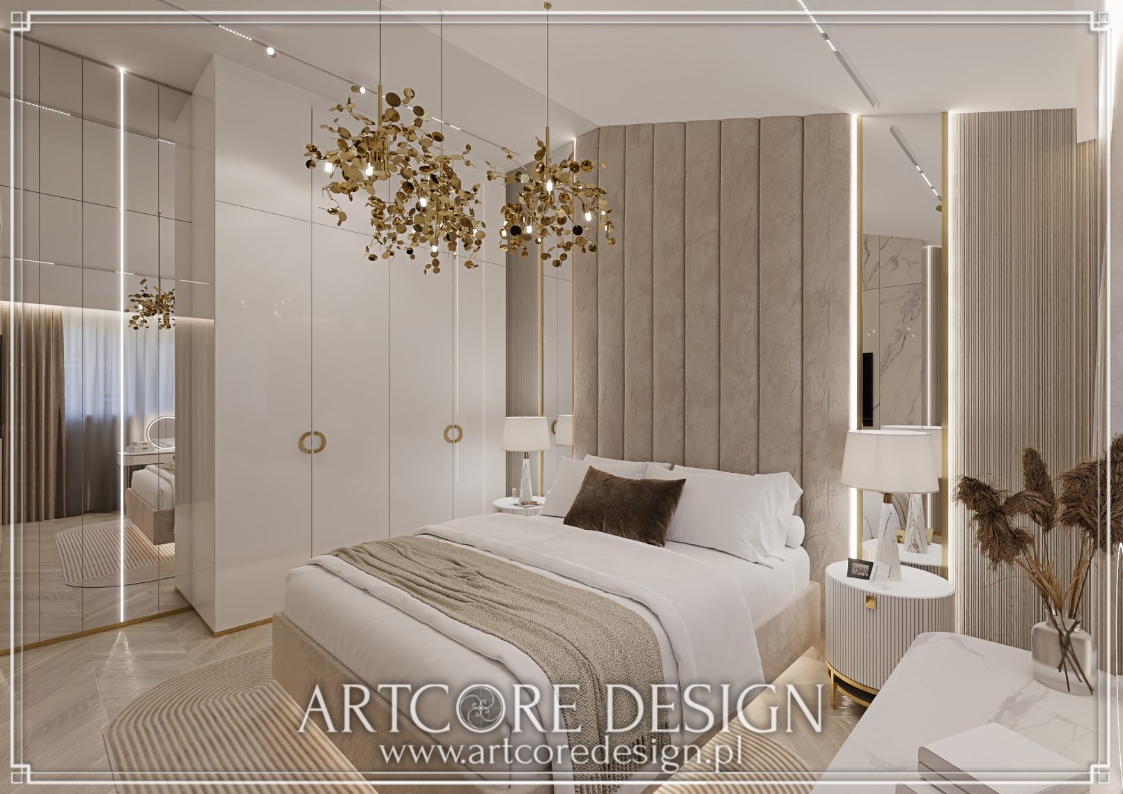 Elegancka sypialnia z lustrzaną szafą, wysokim tapicerowanym zagłówkiem i złotymi lampami.