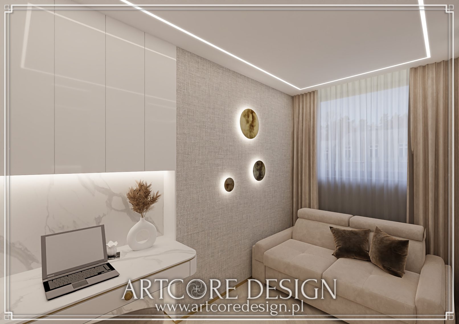 Nowoczesne biuro domowe z marmurowym biurkiem, oświetleniem LED i wygodną sofą.