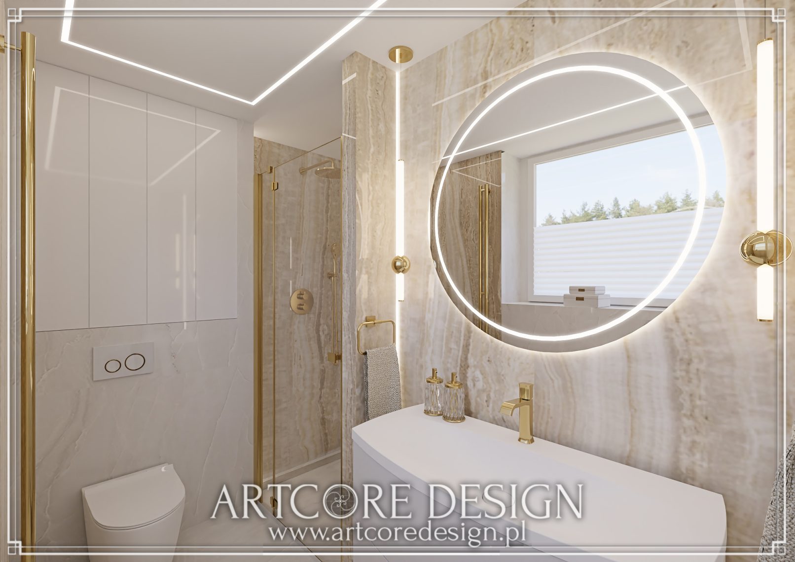 Luksusowa łazienka z podświetlanym lustrem LED, złotymi akcentami i kabiną prysznicową.