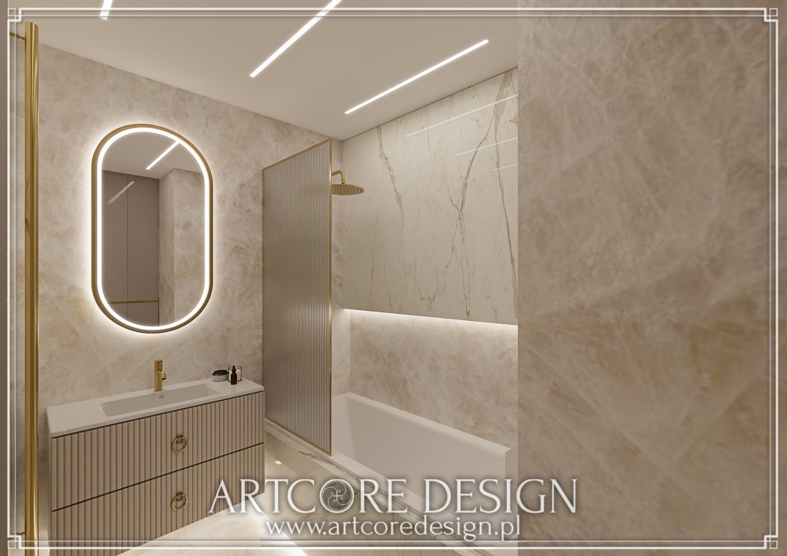 Nowoczesna łazienka z podświetlanym lustrem, złotymi detalami i wanną.