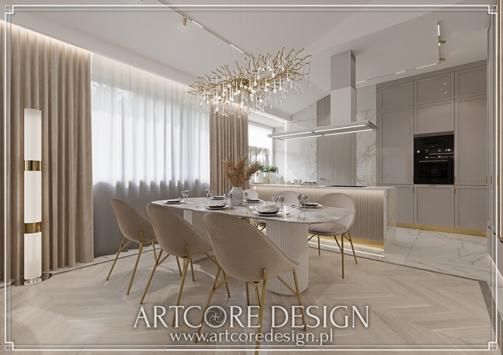 Nowoczesna jadalnia z marmurowym stołem, złotymi krzesłami i designerskim oświetleniem.