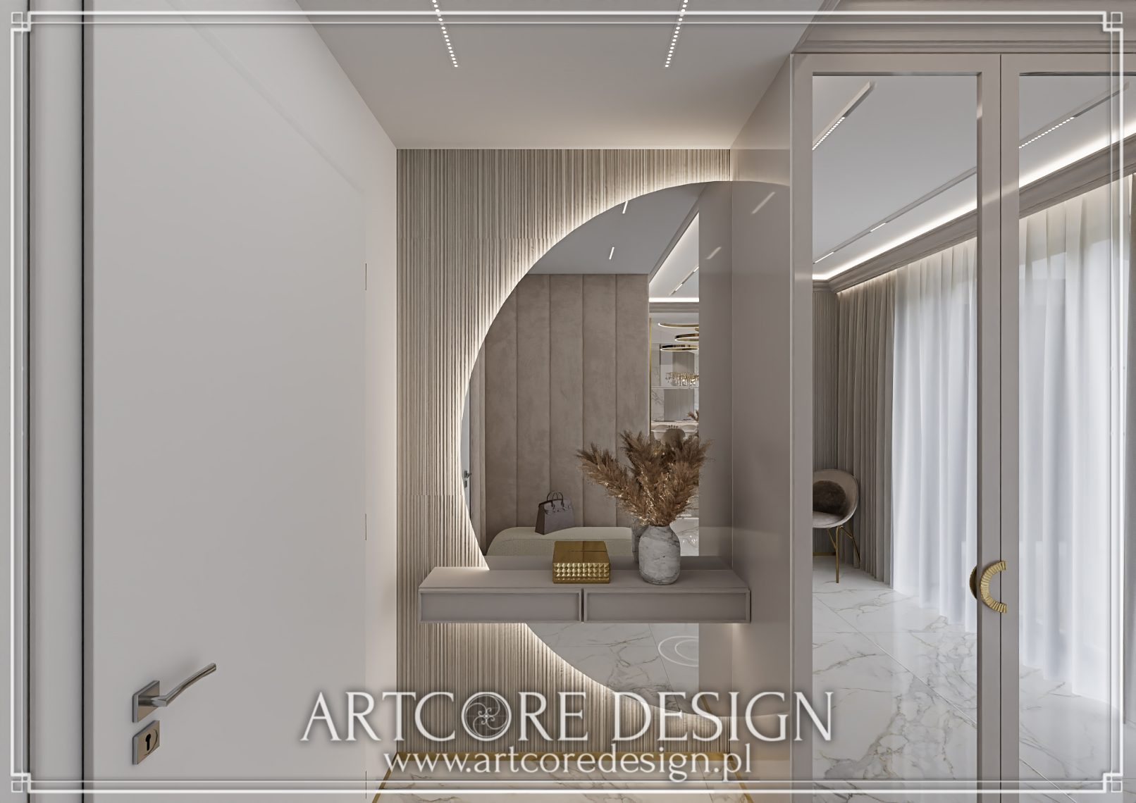 Nowoczesny przedpokój z podświetlanym lustrem i eleganckim wykończeniem.