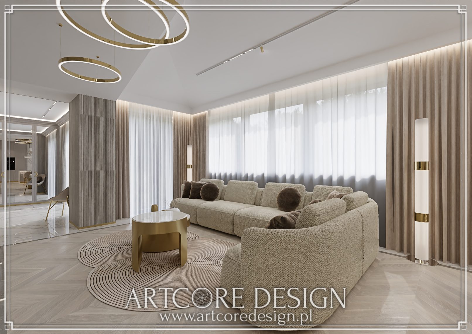 Nowoczesny salon z beżowym narożnikiem, złotymi akcentami i designerskim oświetleniem.