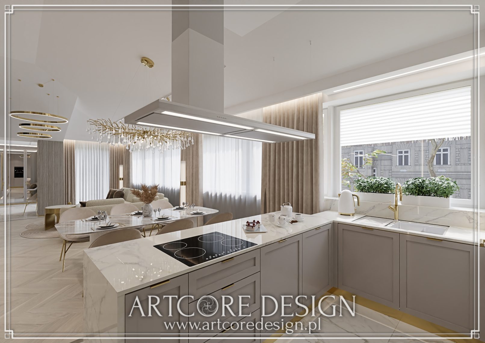 Nowoczesna kuchnia z marmurowymi blatami i złotymi akcentami, z widokiem na otwarty salon.