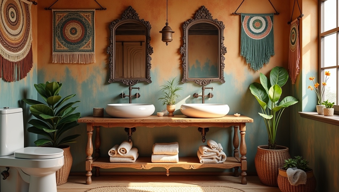 Przytulna łazienka boho z roślinami, drewnem i unikalnymi dekoracjami. Idealna inspiracja dla architekta wnętrz.