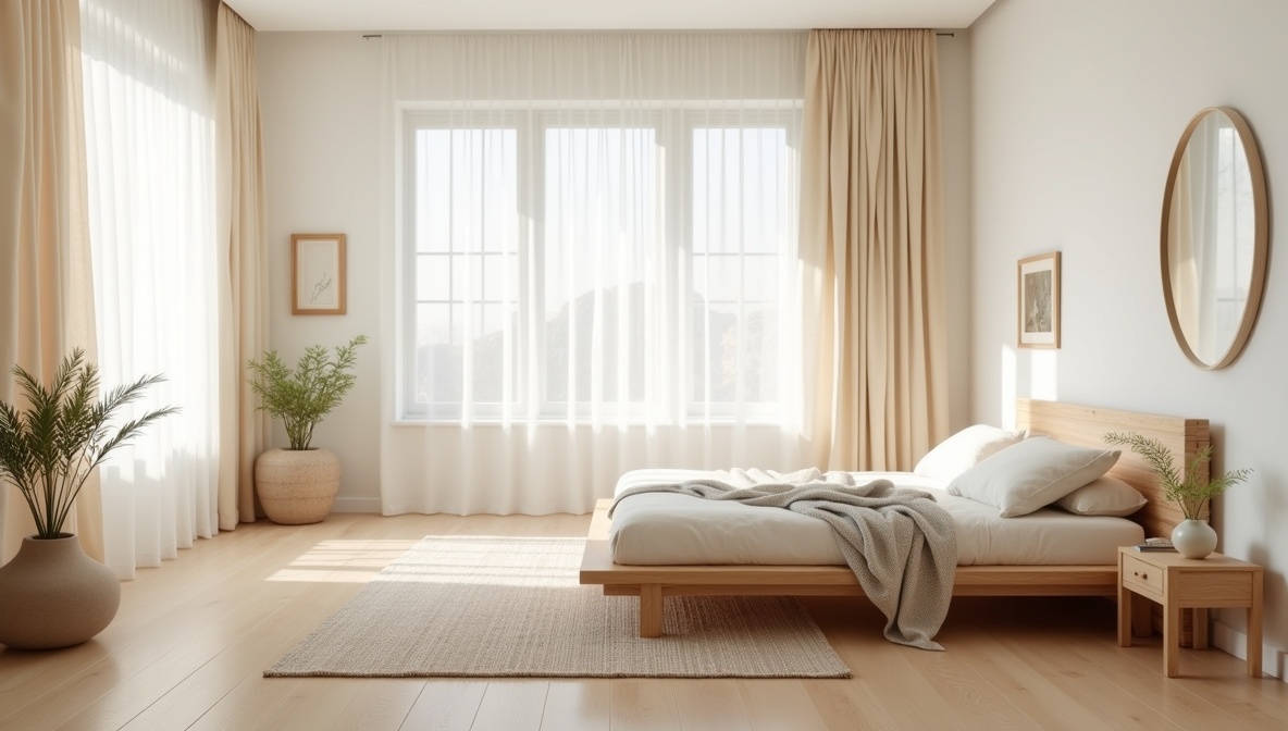 Odkryj harmonię stylu japandi w minimalistycznym projekcie sypialni z naturalnymi elementami.