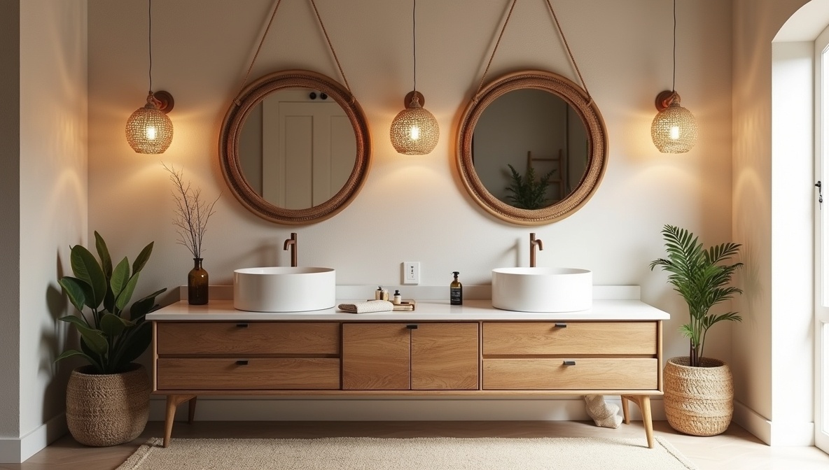 Odkryj piękno boho w łazience z roślinami i nowoczesnym designem stworzonym przez architekta wnętrz.