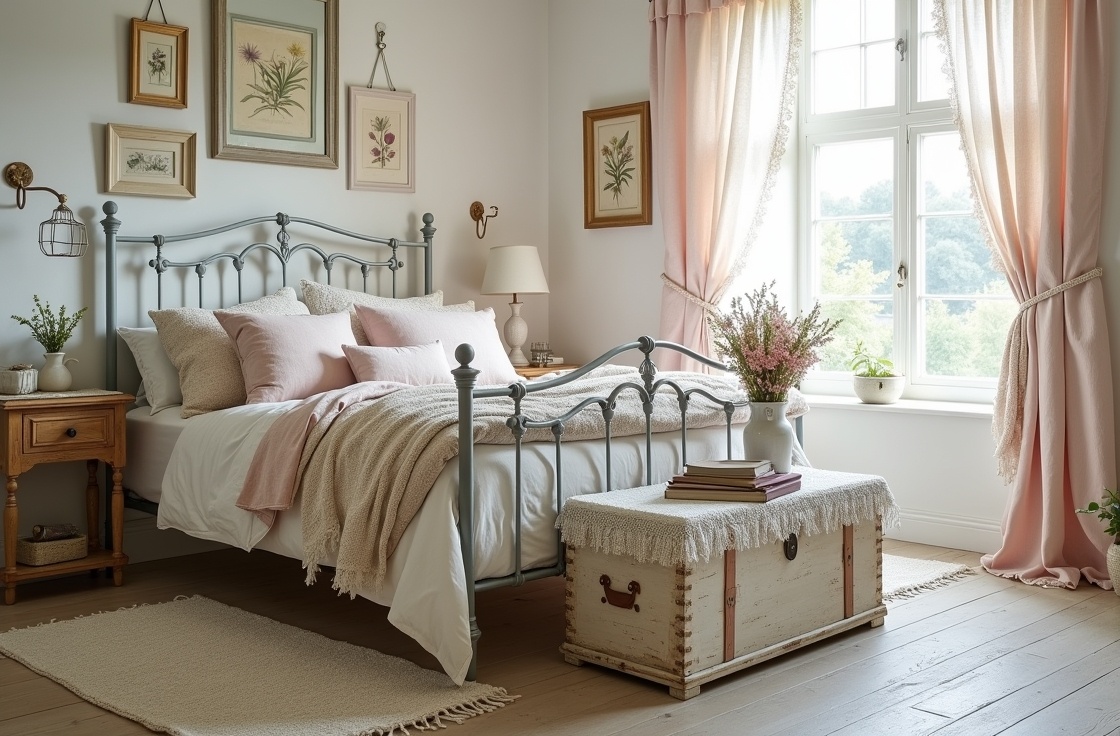 Odkryj urok shabby chic w sypialni z eleganckimi dodatkami architekta i pastelowymi kolorami.