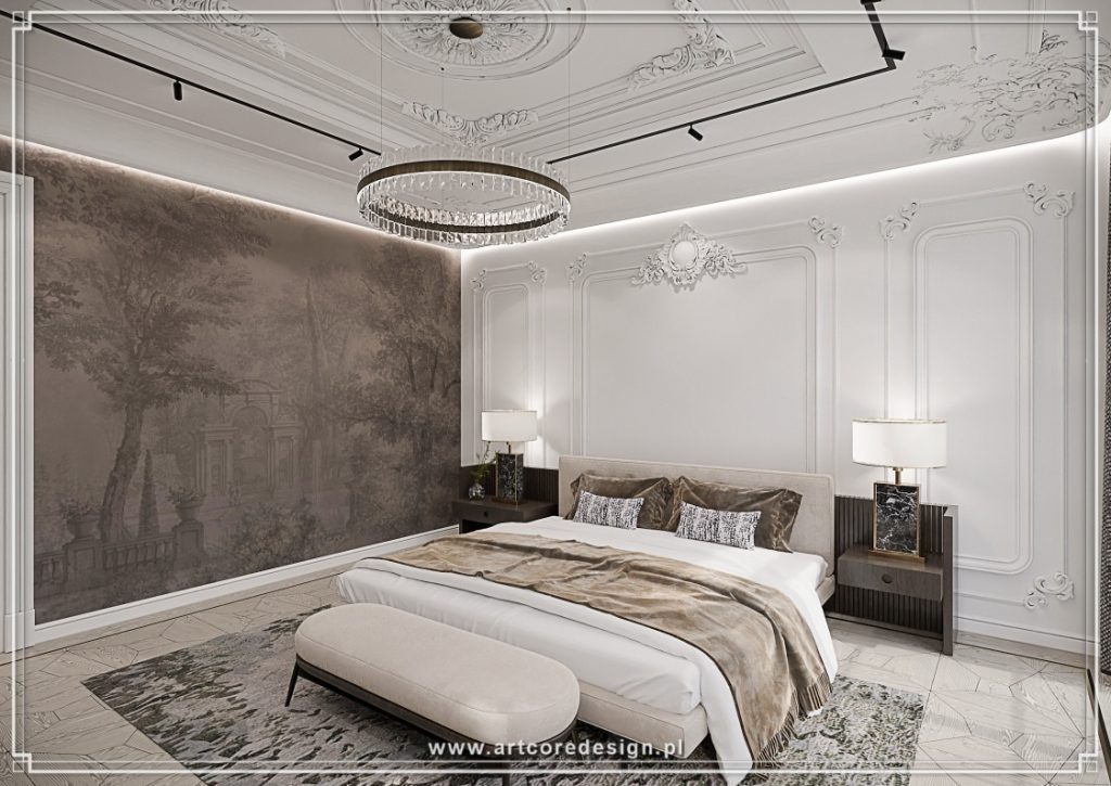 Stylowe projektowanie wnętrz Łódź z piękną sypialnią pełną detali i elegancji.
