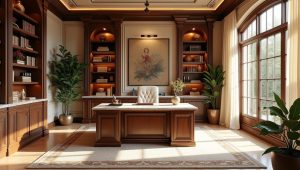 Odkryj urok stylu toskańskiego w biurze z drewnianymi meblami i roślinami, które tworzą przyjemną atmosferę.