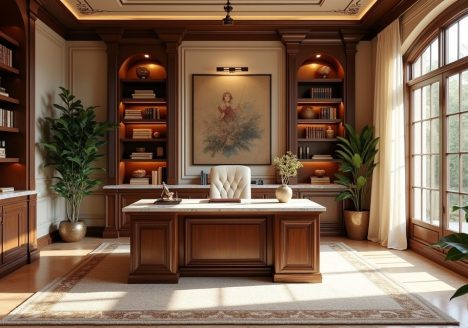 Odkryj urok stylu toskańskiego w biurze z drewnianymi meblami i roślinami, które tworzą przyjemną atmosferę.