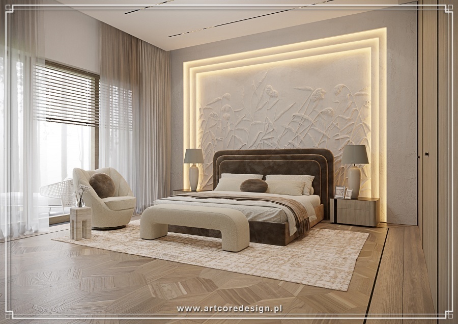 Odkryj projektowanie wnetrz szczecin z architektem. Nowoczesna sypialnia w stylu skandynawskim z eleganckim oswietleniem.