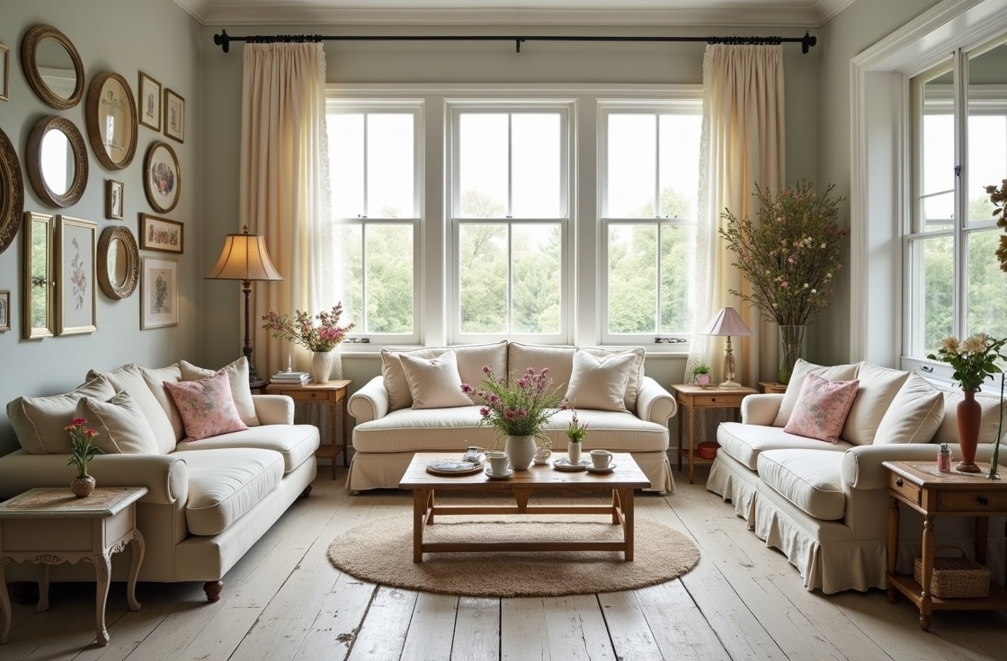 Odkryj elegancję shabby chic w tym przytulnym salonie, idealnym dla każdego architekta wnętrz.