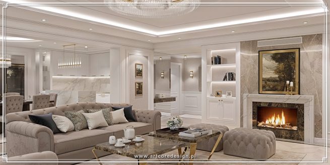 Salon w stylu modern classic w eleganckim apartamencie, zaprojektowany przez architekta wnętrz. Projekt aranżacji obejmuje pikowaną sofę, marmurowy kominek, sztukaterię ścienną oraz zabudowę meblową na wymiar, tworząc luksusowe i ponadczasowe wnętrze strefy dziennej.