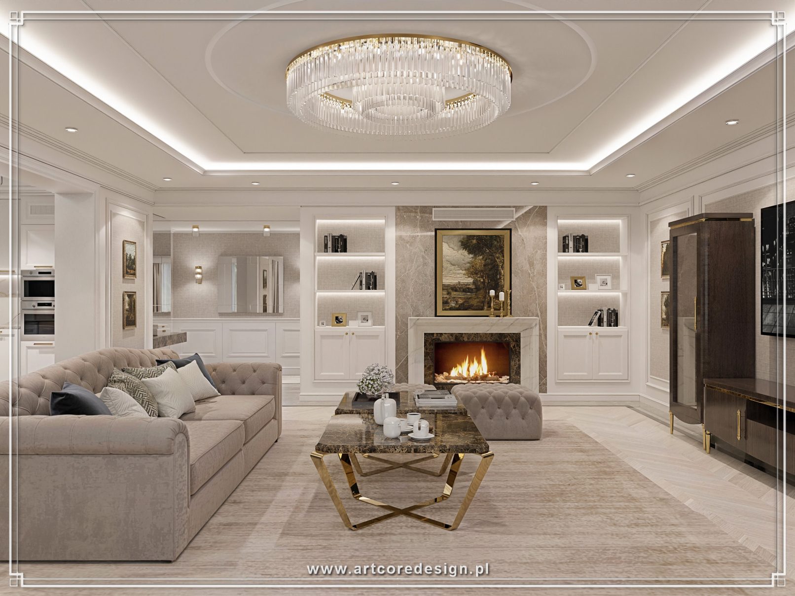 Projekt salonu z centralnie usytuowanym kominkiem oraz symetryczną zabudową biblioteczną z podświetlanymi półkami. Architekt wnętrz zastosował marmurowe wykończenia, eleganckie pufy i luksusowe tekstylia, tworząc reprezentacyjną przestrzeń dzienną w stylu klasycznym.