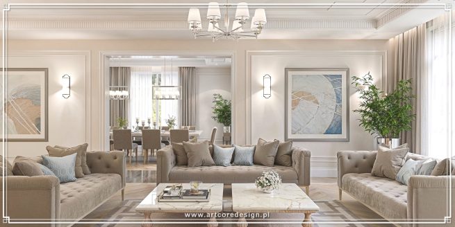 Elegancki salon w stylu klasycznym z pikowanymi sofami, marmurowym stolikiem kawowym i przejściem do jadalni.