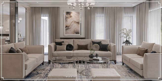 Projekt eleganckiego salonu w stylu modern classic – architekt wnętrz, projektowanie wnętrz premium