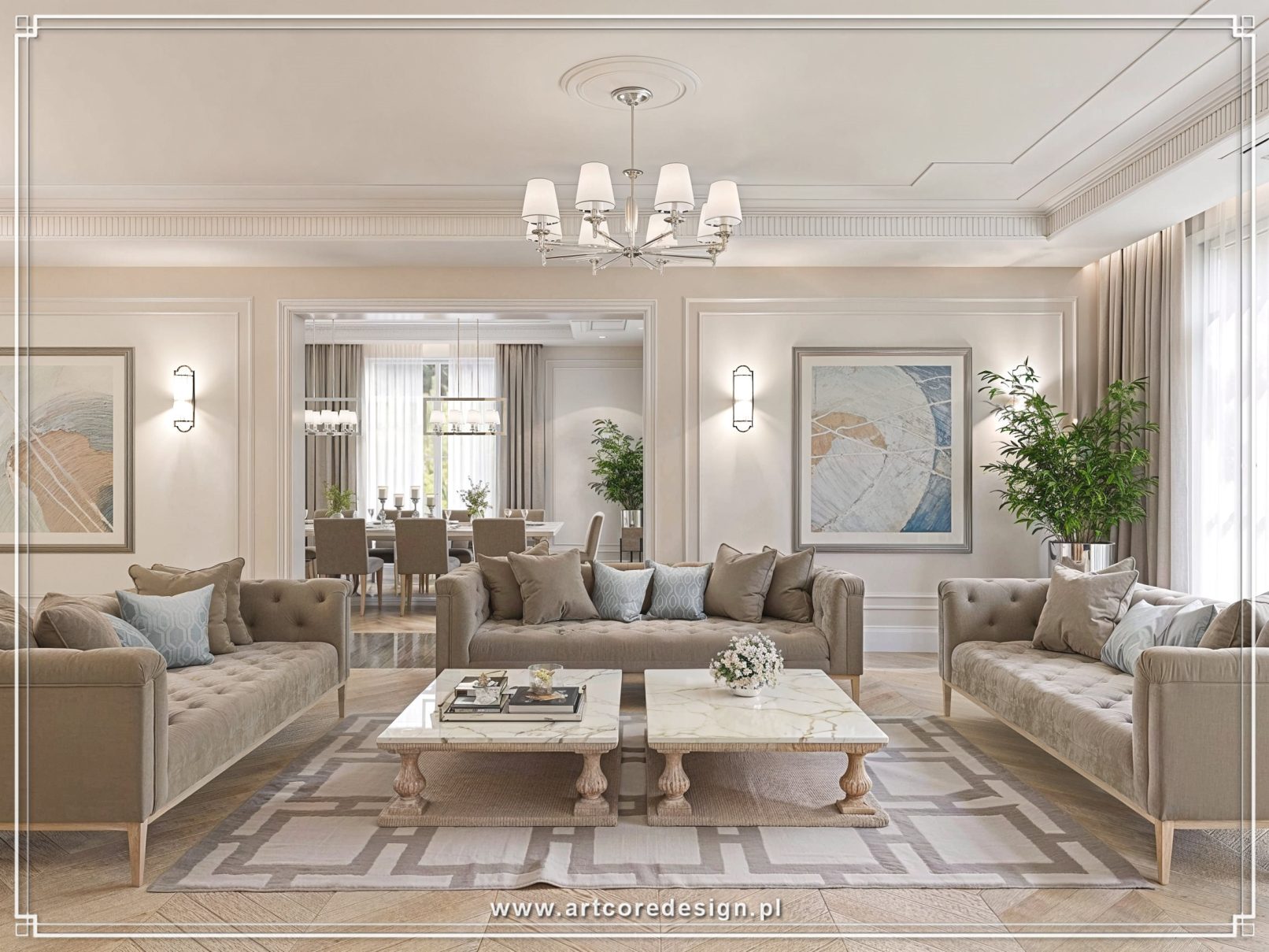 Elegancki salon w stylu klasycznym z pikowanymi sofami, marmurowymi stolikami kawowymi oraz otwartą jadalnią w tle.