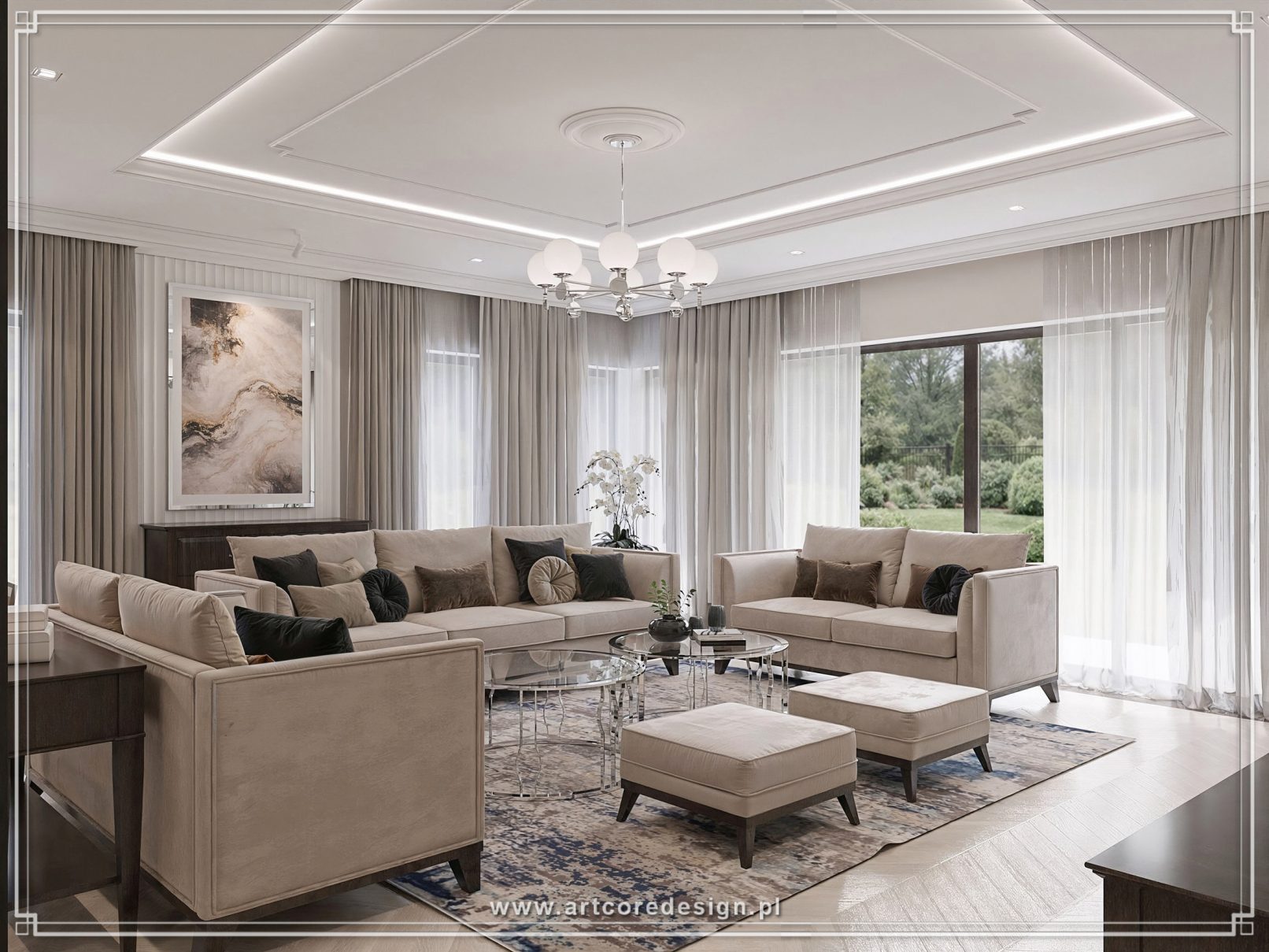 Elegancki salon w domu premium z dużymi przeszkleniami – architekt wnętrz, projektowanie wnętrz