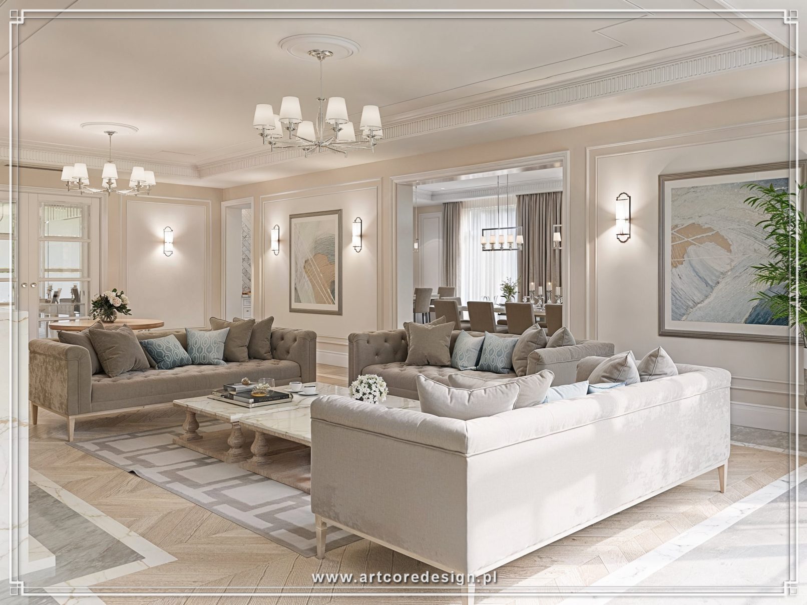 Salon w stylu modern classic z pikowanymi sofami, marmurowym stolikiem kawowym oraz otwartą jadalnią.