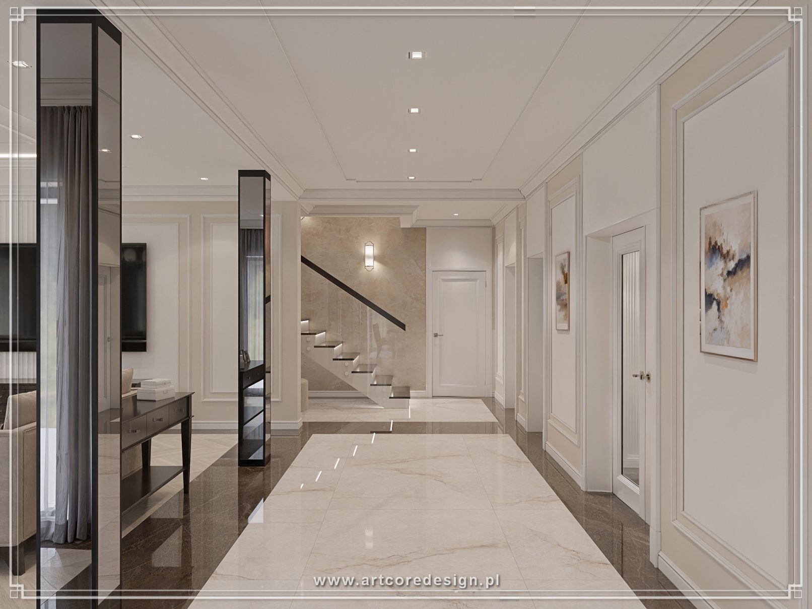 Przestronny hol w stylu klasycznym z marmurową posadzką i schodami