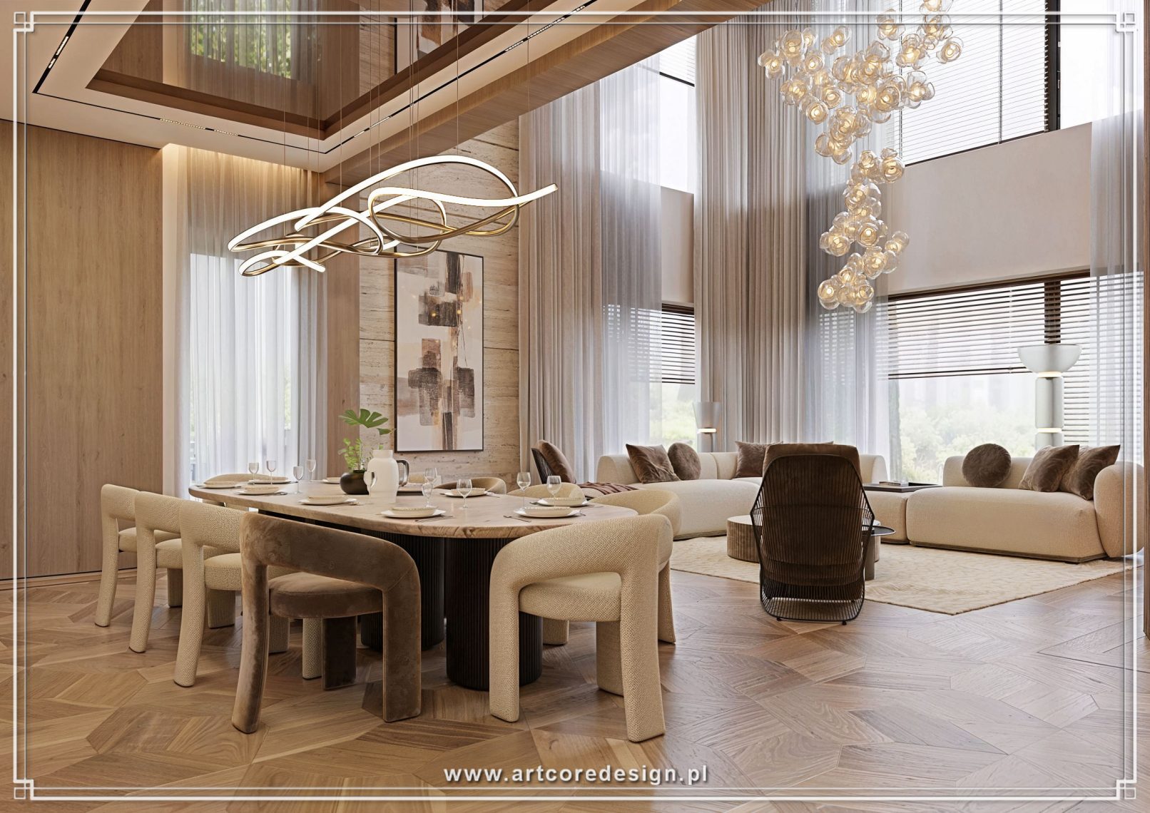 Projekt otwartej strefy dziennej w domu jednorodzinnym opracowany przez architekta wnętrz, łączący salon i jadalnię w wysokiej, dwukondygnacyjnej przestrzeni. Aranżacja wnętrza obejmuje drewnianą podłogę w jodełkę, zabudowę stolarską oraz designerskie oświetlenie podkreślające nowoczesny charakter domu.