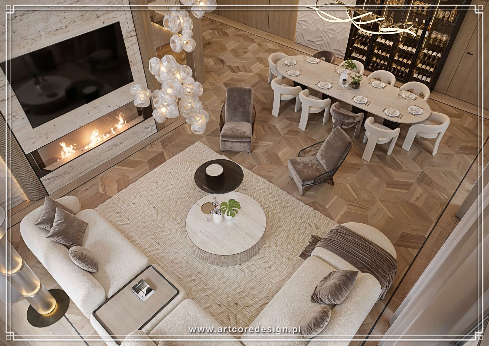 Aranżacja salonu z kominkiem i jadalnią w domu jednorodzinnym, będąca częścią kompleksowego projektowania wnętrz. Przestrzeń łączy kamienną ścianę RTV, drewnianą podłogę oraz zabudowę z przeszkloną winiarnią, tworząc spójny projekt nowoczesnego domu premium.