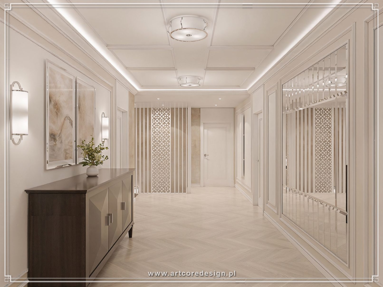 Jasny korytarz w stylu klasycznym z lustrzaną zabudową i dekoracyjną ścianą