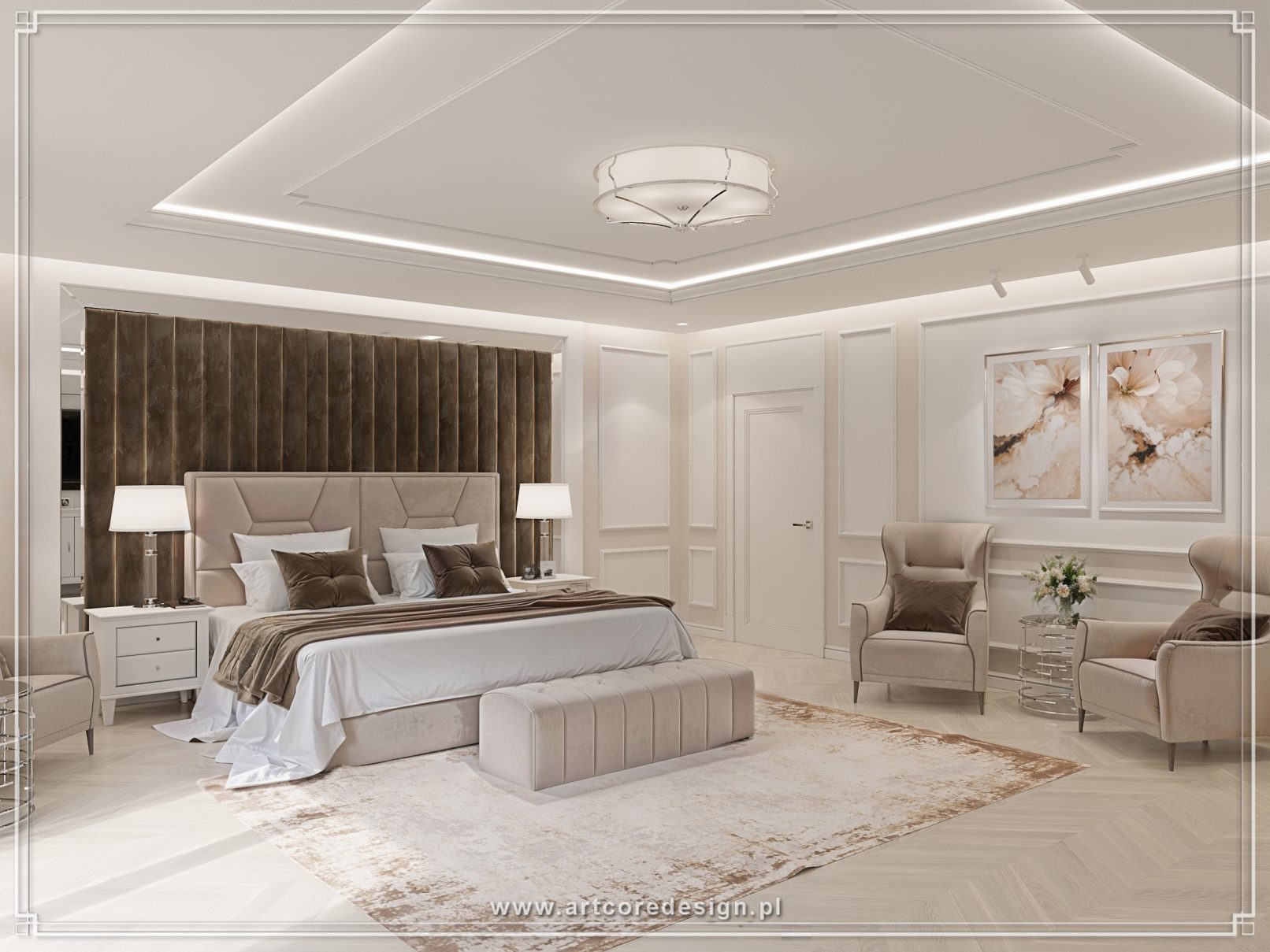 Elegancka sypialnia w stylu klasycznym z tapicerowanym zagłówkiem i strefą wypoczynkową