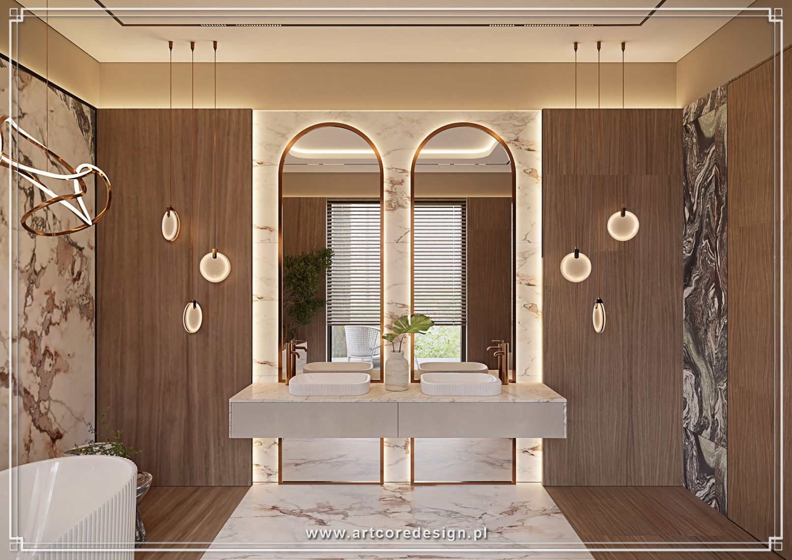 Aranżacja łazienki premium w domu jednorodzinnym z podwójną strefą umywalkową i dekoracyjnymi panelami kamiennymi. Kompleksowe projektowanie wnętrz obejmuje zabudowę na wymiar, eleganckie baterie w kolorze złota oraz podświetlenie architektoniczne podkreślające nowoczesny charakter przestrzeni.