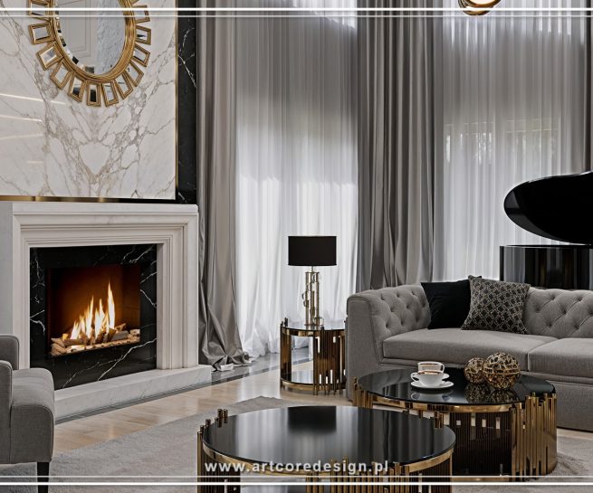 Luksusowy salon z kominkiem, fortepianem i eleganckimi meblami w stylu nowoczesnej klasyki