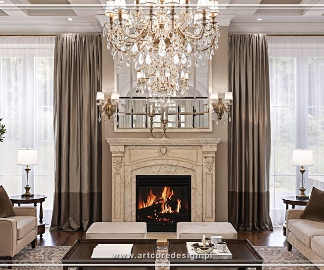 Klasyczny salon z kominkiem i kryształowym żyrandolem w luksusowym domu jednorodzinnym. Projekt wnętrza łączy eleganckie meble, symetryczną aranżację oraz ponadczasowy styl inspirowany klasyką.