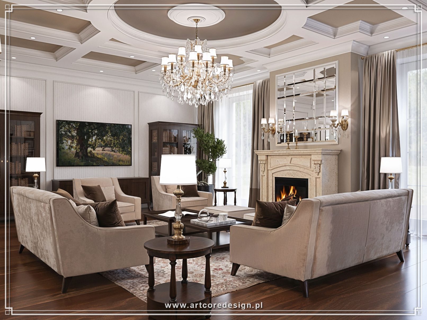 Luksusowy salon w stylu klasycznym z kominkiem, kryształowym żyrandolem i eleganckimi meblami. Przestronne wnętrze domu z symetrycznym układem, sztukaterią oraz wysokiej klasy wykończeniem.