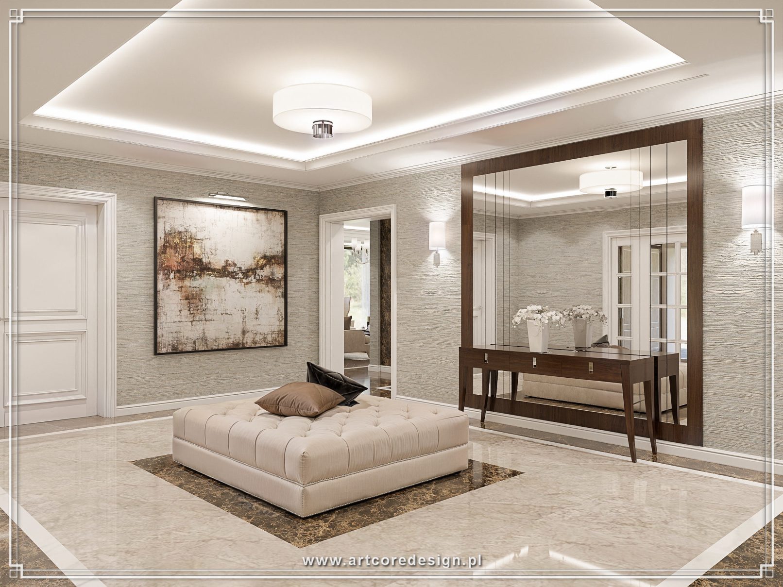 Hol wejściowy w luksusowym apartamencie zaprojektowany przez architekta wnętrz. Jasna kamienna posadzka, pikowana pufa, konsola z lustrem oraz subtelne oświetlenie tworzą elegancką i ponadczasową aranżację strefy wejściowej.