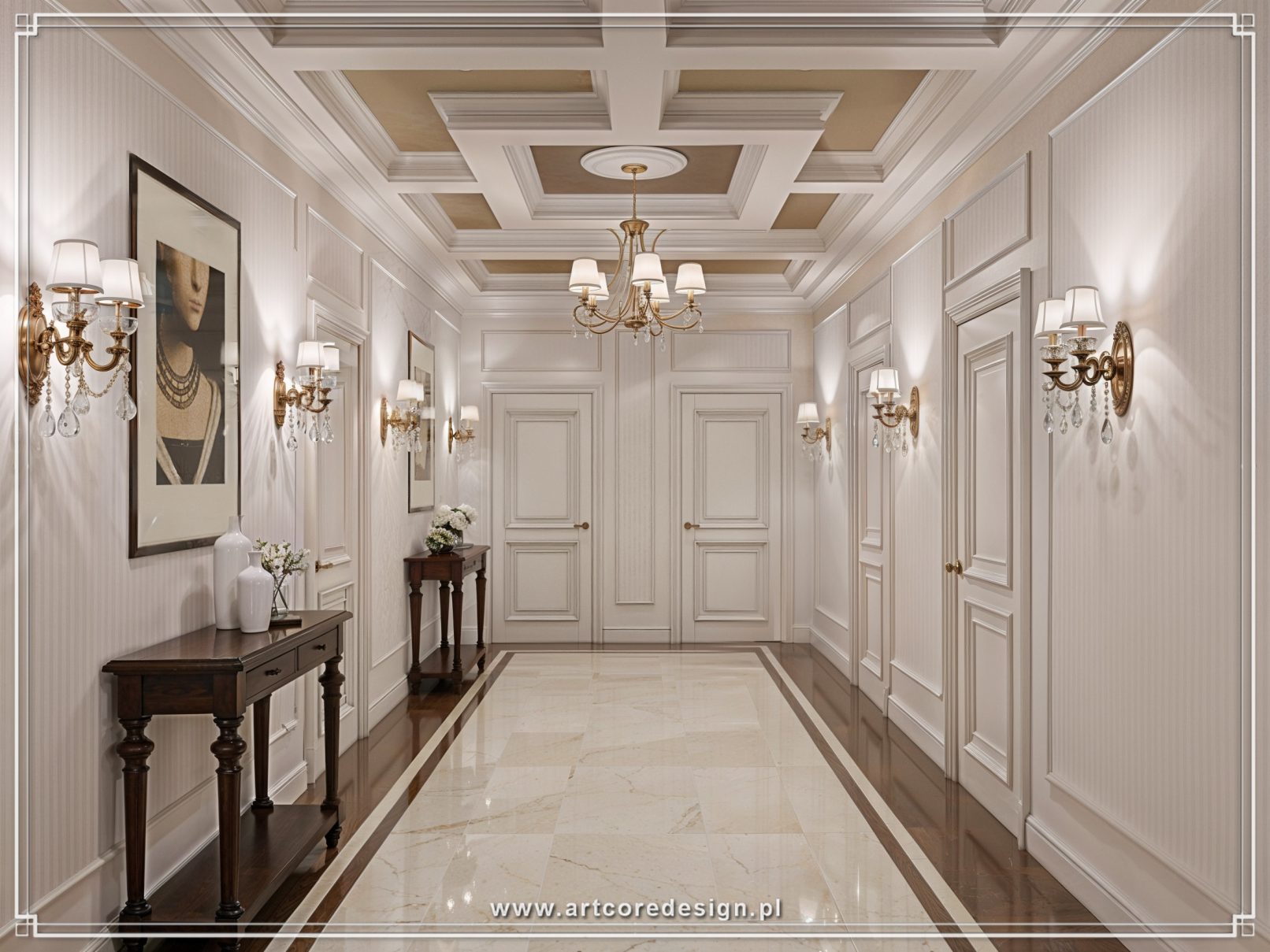 08-klasyczny-korytarz-elegancki-sztukateria-oswietlenie-scienne.jpg, Klasyczny elegancki korytarz z jasną sztukaterią, marmurową podłogą i dekoracyjnymi kinkietami