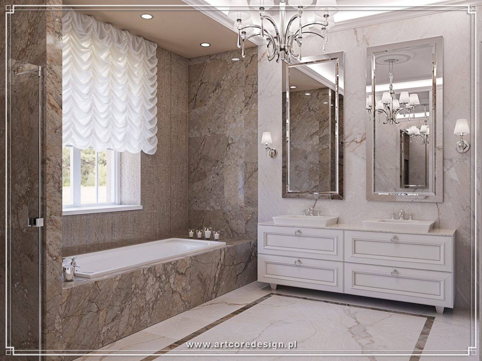 10-klasyczna-lazienka-marmur-wanna-podwojna-umywalka.jpg, Klasyczna elegancka łazienka z marmurem, wanną i podwójną umywalką