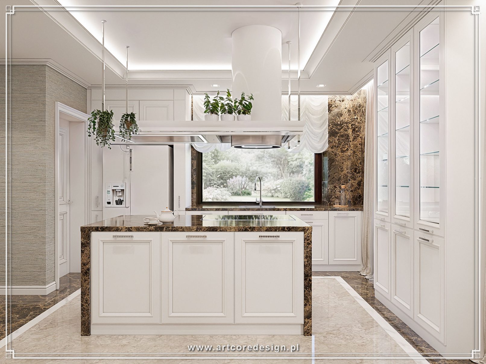 Jadalnia przy kuchni w eleganckim domu zaprojektowanym przez architekta wnętrz. Okrągły stół, tapicerowane krzesła i dekoracyjne oświetlenie tworzą kameralną strefę spotkań w ramach kompleksowego projektu wnętrz.